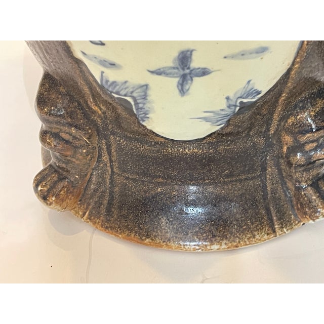 Pair Antique Chinese Brown Glaze With Blue & Withe Decor Garden Stools For Sale - Image 13 of 16