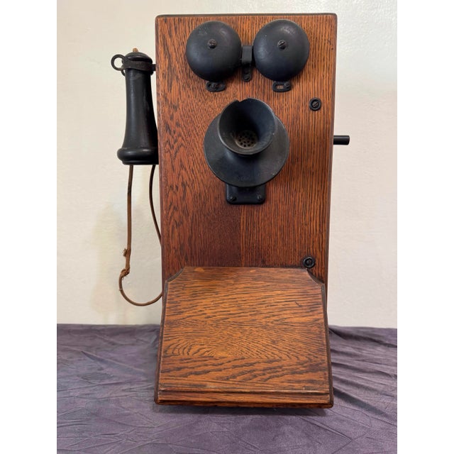 Wood Late 20th Century American Electric Wood and Bakelite Antique Wall Crank Phone For Sale - Image 7 of 12