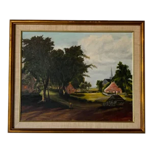 Vintage American Village Scene Landscape Oil Painting, Signed