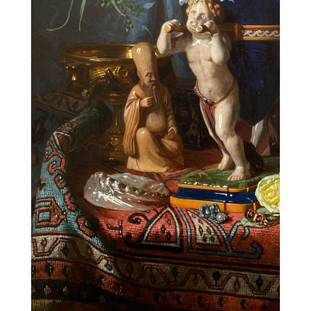 David De Noter, Still Life with a Lapis Lazuli Coloured Flower Vase on a Table, 1850, Oil on Panel For Sale - Image 4 of 11