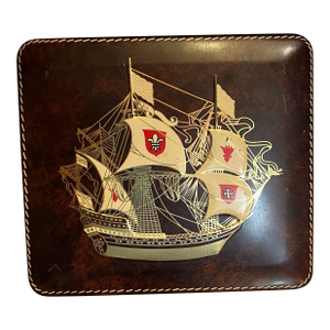 Late 20th Century Vintage Tin Metal Storage Container With Schooner Ship