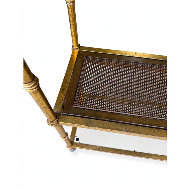 Gold Vintage Italian Gold Gilt Faux Bamboo Étagère – Hollywood Regency Metal Bookcase With Smoked Glass & Cane Shelves For Sale - Image 8 of 9
