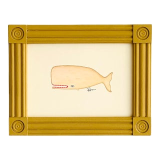 Original Hand-Painted Baby Whale Painting in a Vintage Hand-Painted Frame For Sale