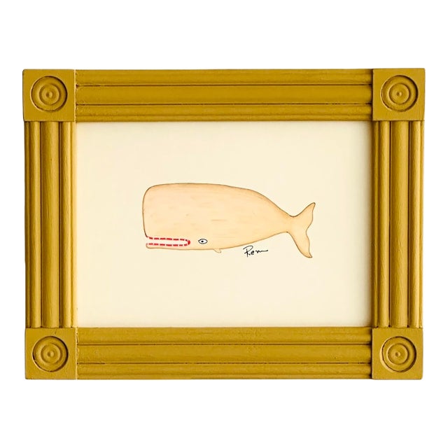 Original Hand-Painted Baby Whale Painting in a Vintage Hand-Painted Frame For Sale
