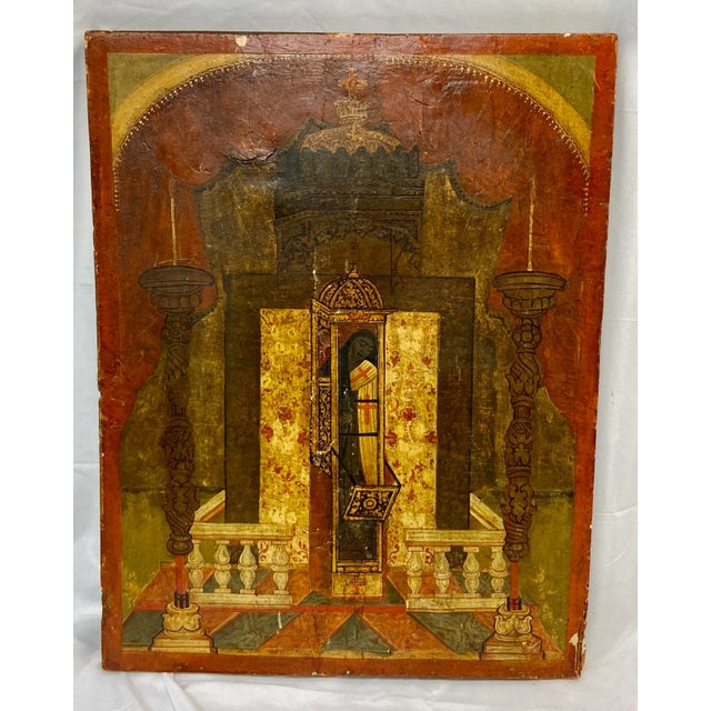 Wood 19th Century Hand Painted Religious Icon Painted on Wood Panel For Sale - Image 7 of 7