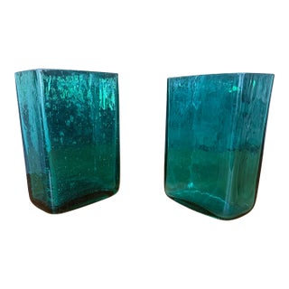 Pair of Vintage Blenko Hand Blown Glass Vases — Style 3732, Teal Green For Sale