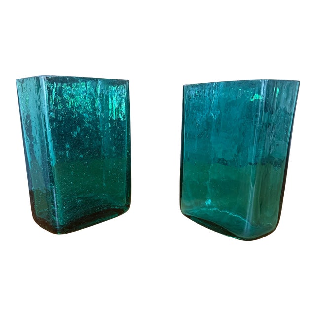 Pair of Vintage Blenko Hand Blown Glass Vases — Style 3732, Teal Green For Sale