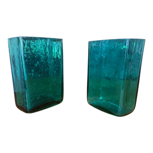 Pair of Vintage Blenko Hand Blown Glass Vases — Style 3732, Teal Green