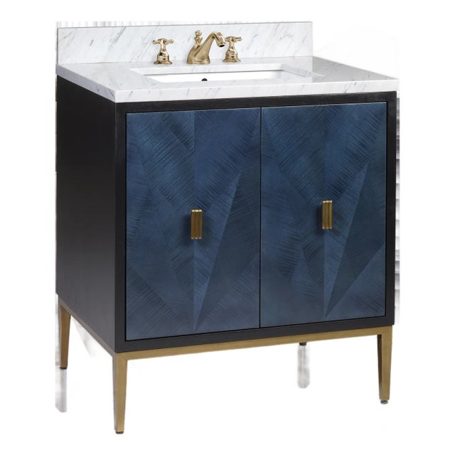 Currey & Company Kallista 30" Blue Vanity with Rectangular Undermount Sink For Sale