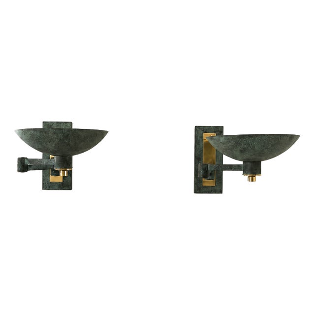 Vintage Adjustable Brass Wall Lights with Green Bronze Patina, France, 1970s, Set of 2 For Sale
