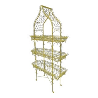 Vintage French Country Yellow Palm Beach Regency Pagoda Wire Bakers Rack Plant Stand For Sale