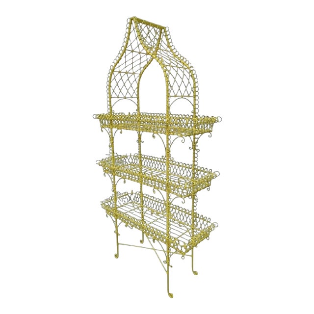 Vintage French Country Yellow Palm Beach Regency Pagoda Wire Bakers Rack Plant Stand For Sale