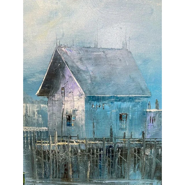 Textile Large Marine Landscape Oil on Canvas Painting With Boats at a Dock, Signed For Sale - Image 7 of 13