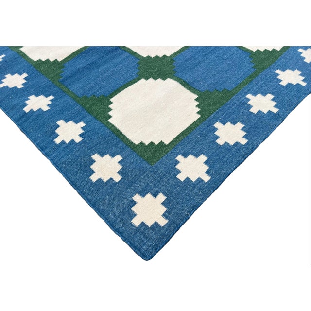 Handmade Woolen Flat Weave Tile Patterned Sky Blue and Forest Green Area Rug - 12'x15' For Sale - Image 6 of 10