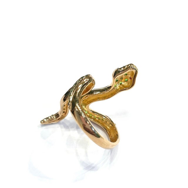 Bochic “Orient” Green Emerlad & Red Ruby Serpent Ring In 18K Gold & Silver For Sale - Image 9 of 12