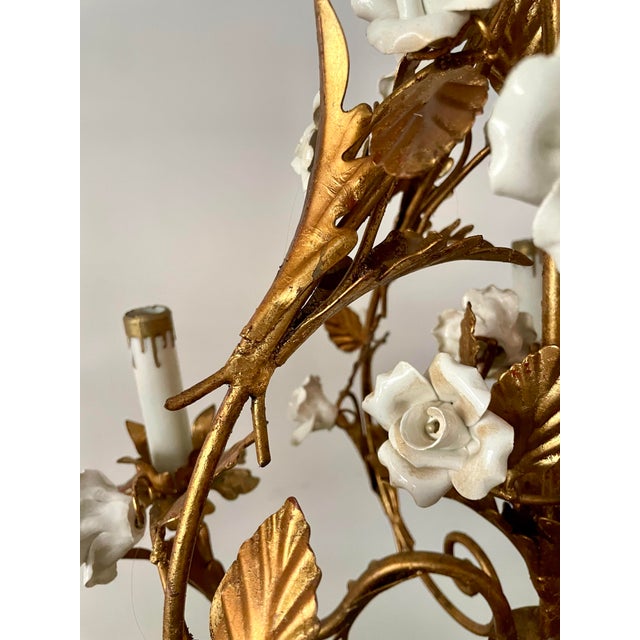 Mid 20th Century Vintage Italian Style Gilt Tole Chandelier With Porcelain Roses For Sale - Image 5 of 12