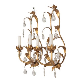 Italian Gilt Metal Tôle Crystal Sconces Pair For Sale