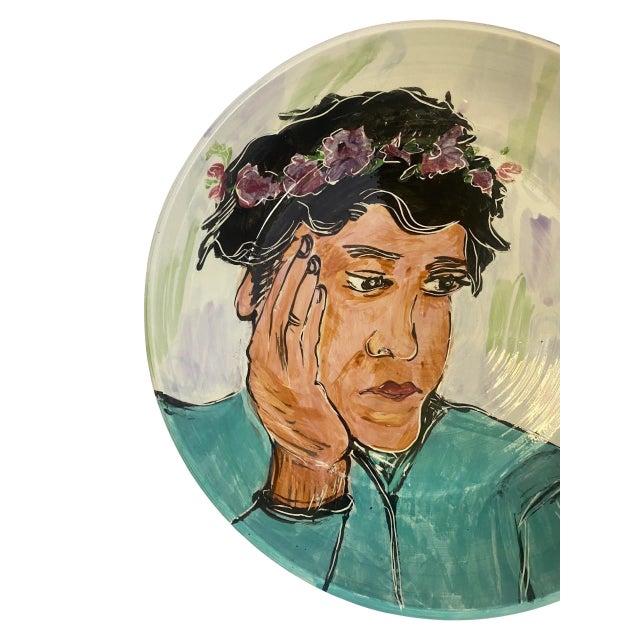 Extra Large Vintage Decorative Glazed Pottery Bowl Depicting a Woman With Floral Crown, Signed Spirt Circa 1990’s ....