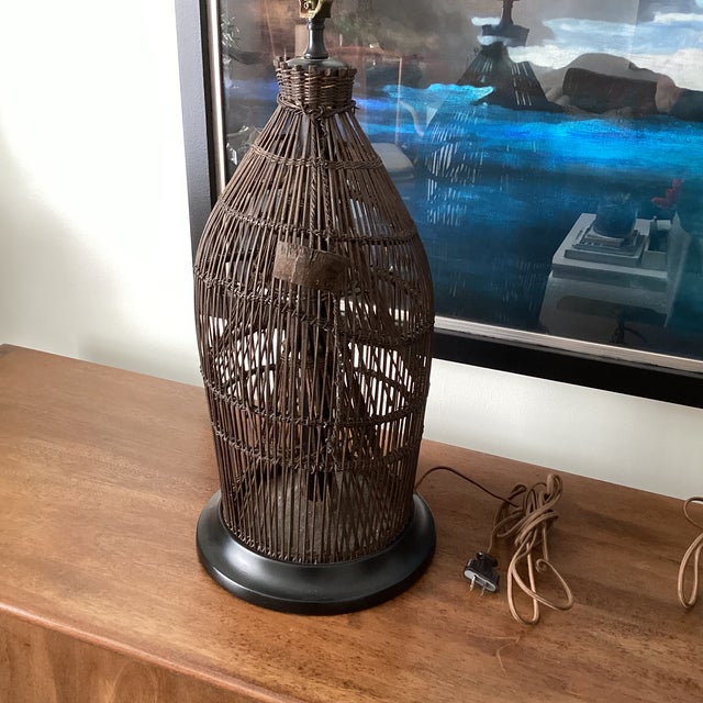 Contemporary 1960s Handwoven Wicker / Rattan Basket Lamps on Ebonized Bases - a Pair For Sale - Image 3 of 4