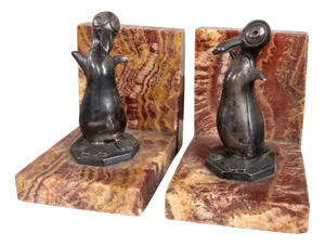 Art Deco Bookends in Red Marble and Metal Penguins, 1930s, Set of 2