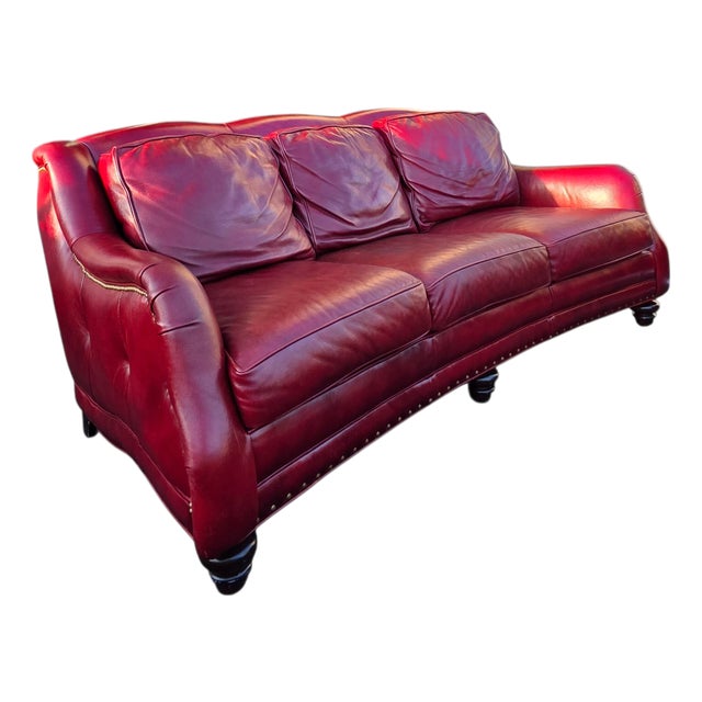 Hancock & Moore Sundance Burgundy Leather Sofa With Nailhead Trim and Turned Bun Feet For Sale
