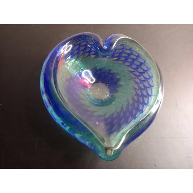 Ink Blue Vintage Heart Shaped Blue & Green Art Glass Swirl Pattern Ashtray For Sale - Image 8 of 8