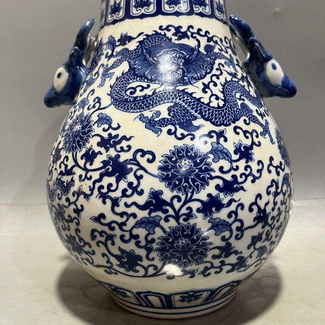 Blue Mid 20th Century Blue and White Porcelain Deer-Head Handle Vase, Dragon & Interlocking Lotus Hu Vase For Sale - Image 8 of 8