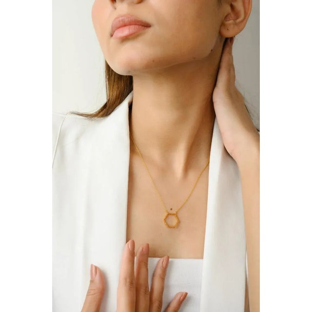 Halo Hexagon Citrine Geometric Pendant Chain Necklace in 14k Solid Gold For Sale - Image 4 of 11