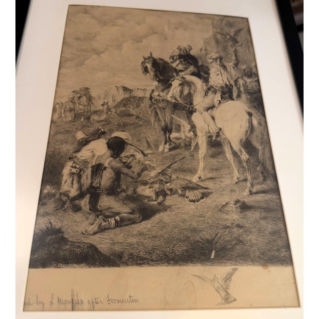 Late 19th Century Antique Etching by French Artist Louis Monziès After Eugene Fromentin - Orientalist Falconry Equestrian For Sale - Image 5 of 17