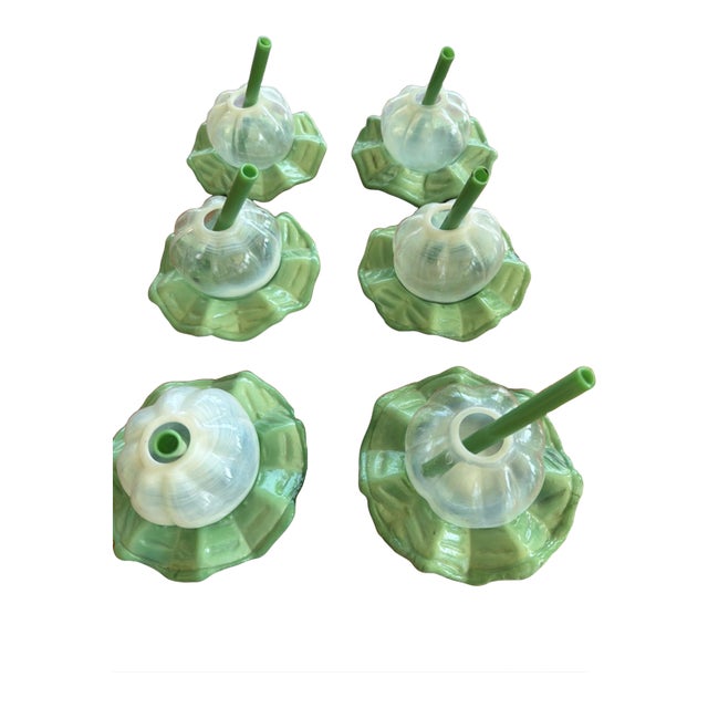 Vintage Mid-Century Modern Smoking Cocktail Glasses w/ Glass Straws Jade Ashtray Base - Set of 6 For Sale