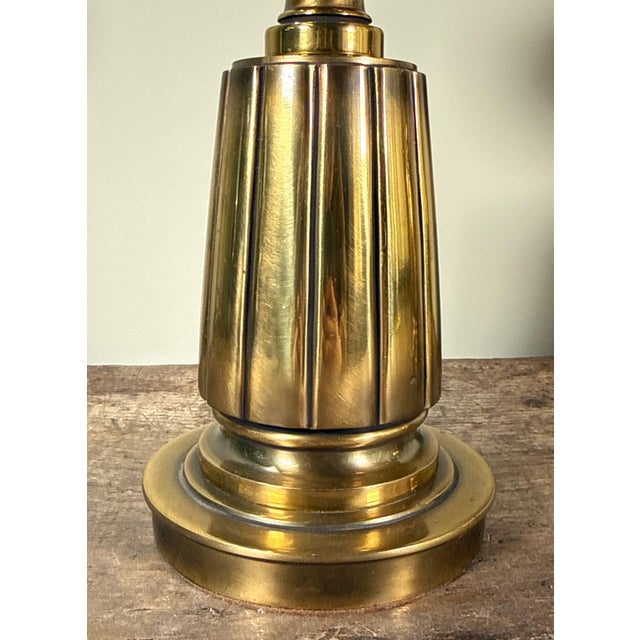 Mid 20th Century Stiffel Style Hollywood Regency Brass Table Lamps With Greek Key Shades - A Pair For Sale - Image 5 of 8