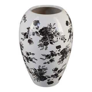 Vintage Decorative Ceramic Black & White Floral Pattern Vase For Sale
