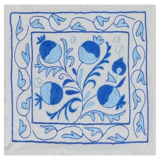 New Silk Hand Embroidery Suzani Textile Cushion Cover in Cream & Blue. 18"x19" For Sale