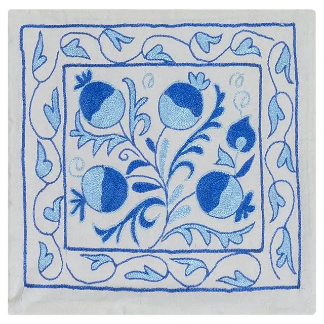 New Silk Hand Embroidery Suzani Textile Cushion Cover in Cream & Blue. 18"x19" For Sale
