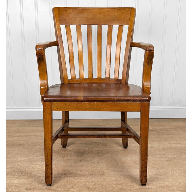Antique Traditional Mahogany Wood Bankers Library Arm Chair For Sale - Image 4 of 16
