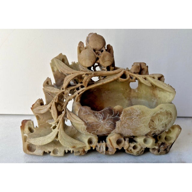 Vintage Chinese Hand-Carved Soapstone Brush Pot and Inkwell Featuring Intricate Openwork Foliage and Fruit Accents For Sale - Image 9 of 13