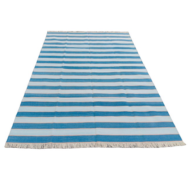 Textile Handmade Cotton Area Rug, Natural Vegetable Dyed, Blue and Orange Striped Rug - 4'x6' For Sale - Image 7 of 11