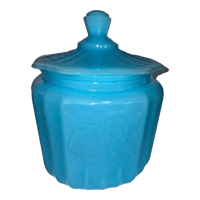 Rare Baby Blue Mayfair Open Rose Depression Glass Cookie Jar For Sale