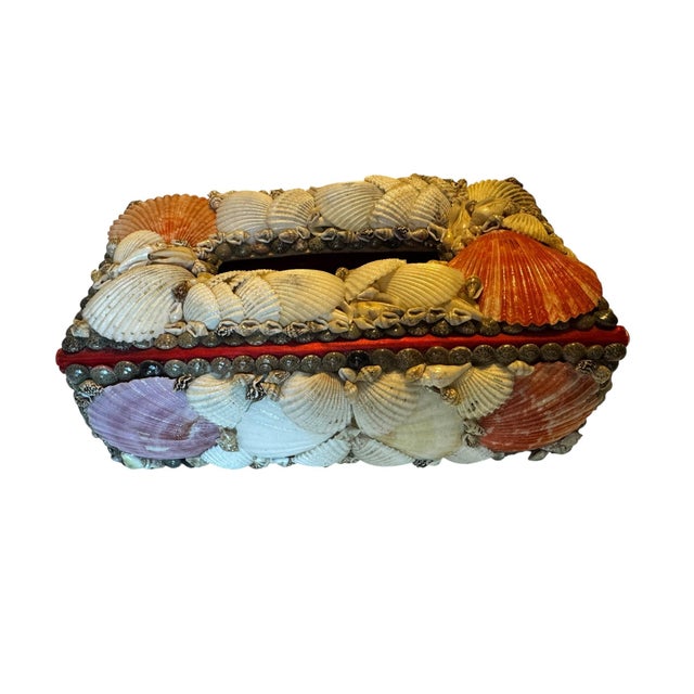 Folk Art Vintage Handmade Seashell Encrusted Coastal Folk Art Tissue Box Cover With Red Velvet Lining For Sale - Image 3 of 8
