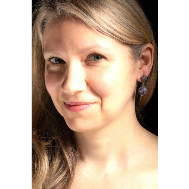 1990s Pair of Drop Earrings With Pave` Set Blue Sapphires and Diamonds For Sale - Image 4 of 4