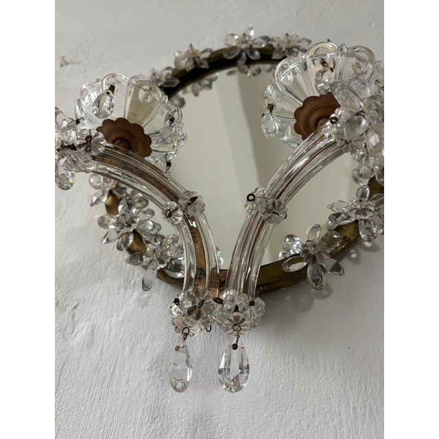 French Maison Bagues Style Crystal Flower Mirror Sconces Murano Glass Prisms Old For Sale - Image 10 of 13