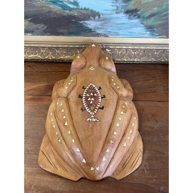 1970s 1970s Hand-Carved Wooden Frog Wall Plaque With Inlay and Tribal Motif Design For Sale - Image 5 of 11