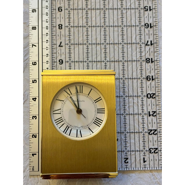 Metal Vintage Tiffany & Co. Swiss Brass Quartz Desk Alarm Clock, Roman Numeral Dial, 1970s For Sale - Image 7 of 12