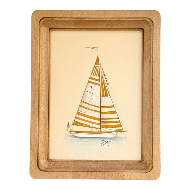 Original Handpainted Sailboat Painting in a Oakwood Frame For Sale