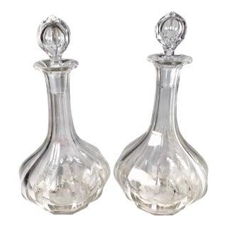 Antique Pair of Circa 1900 Panel Cut and Engraved Decanters For Sale