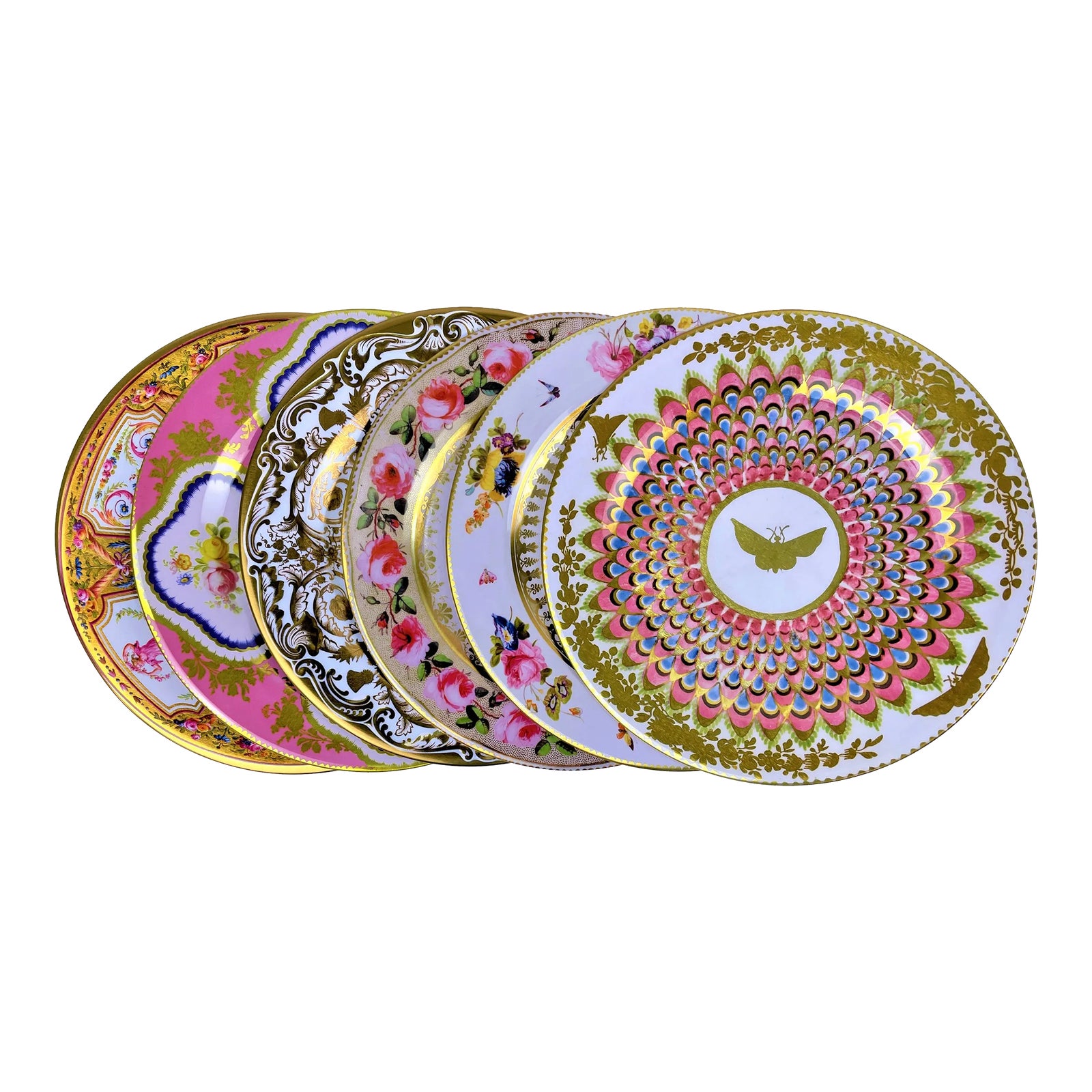 Enamaled Pink & Gold Tin English Plates Set of 6 Chairish