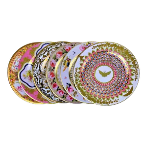 Enamaled Pink & Gold Tin English Plates - Set of 6