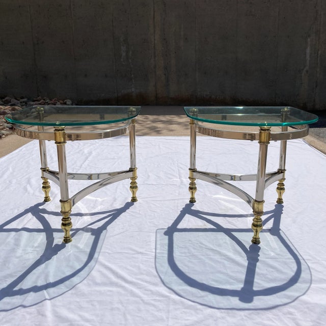 Mid-Century Modern Jansen Style Chrome & Brass Demi-Lune End Tables in Baguès For Sale - Image 3 of 13