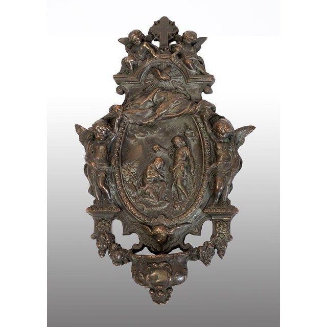 Antique Holy Water Font in Embossed Copper Depicting the Baptism of Christ, Naples, 19th Century For Sale - Image 6 of 8