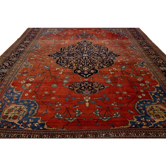 Red 1880s Antique Persian Farahan Wool Rug Handmade in Rust With Medallion Design For Sale - Image 8 of 11